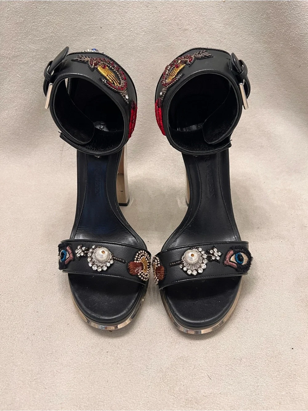Alexander McQueen Leather Black Embellished Crystal & Embroidered Heel Sandals